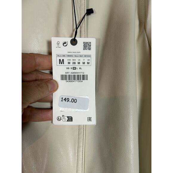 Zara Belted Faux Leather cream Trench Coat size medium oversize NWT  - Picture 9 of 16